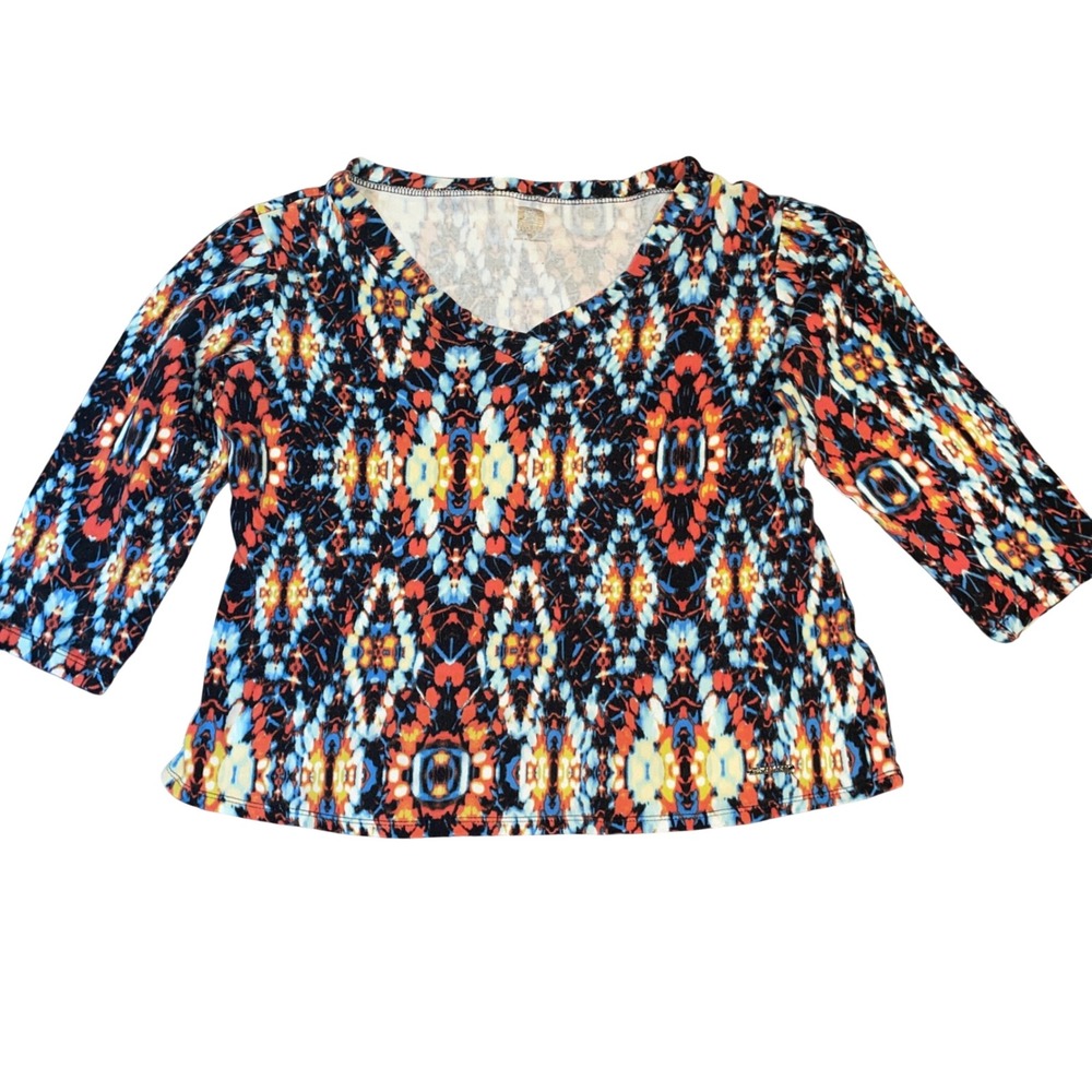 Anne Klein Sport Boho V Neck Blouse 3/4 Sleeve Abstract Print Casual Tunic Top